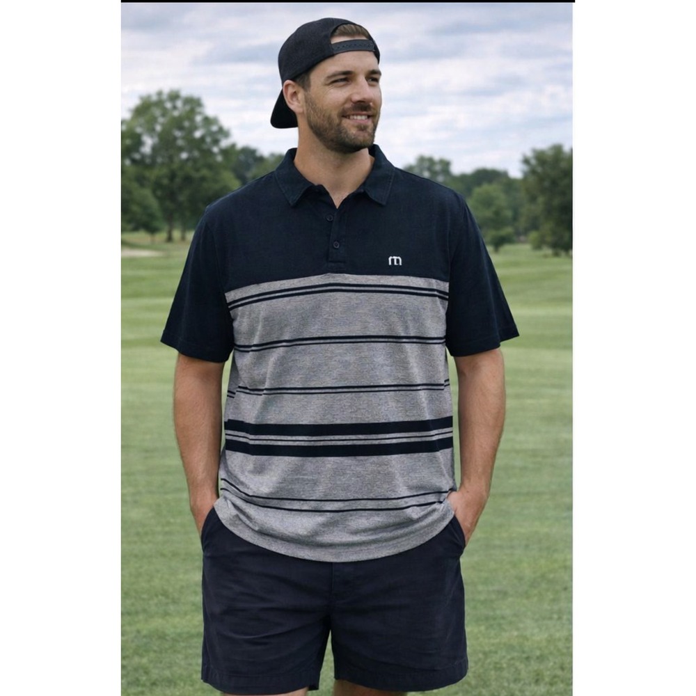 W1 Travis Mathew Mens Performance Golf Polo Shirt Navy Gray Stripe Shirt XL